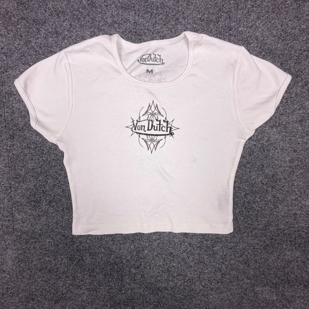 Von Dutch Women White Pinstripe Logo Graphic Baby Tee Crop Top Size M